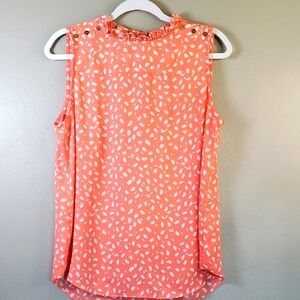 LOFT Coral Sleeveless Blouse with White Pattern. Ruffled Neck, Medium